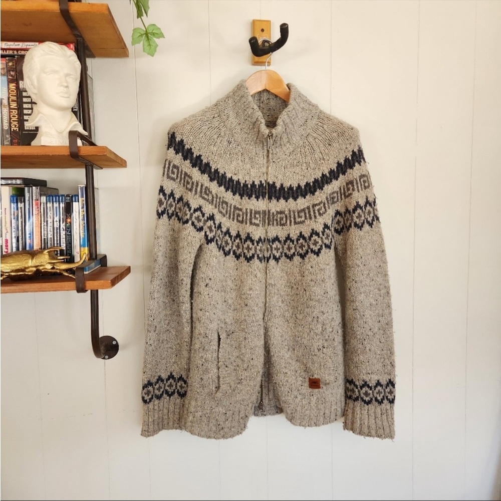 Roots Alpaca Wool Zip Cardigan Sweater Fair Isle Winter Cabin Salt and Pepper